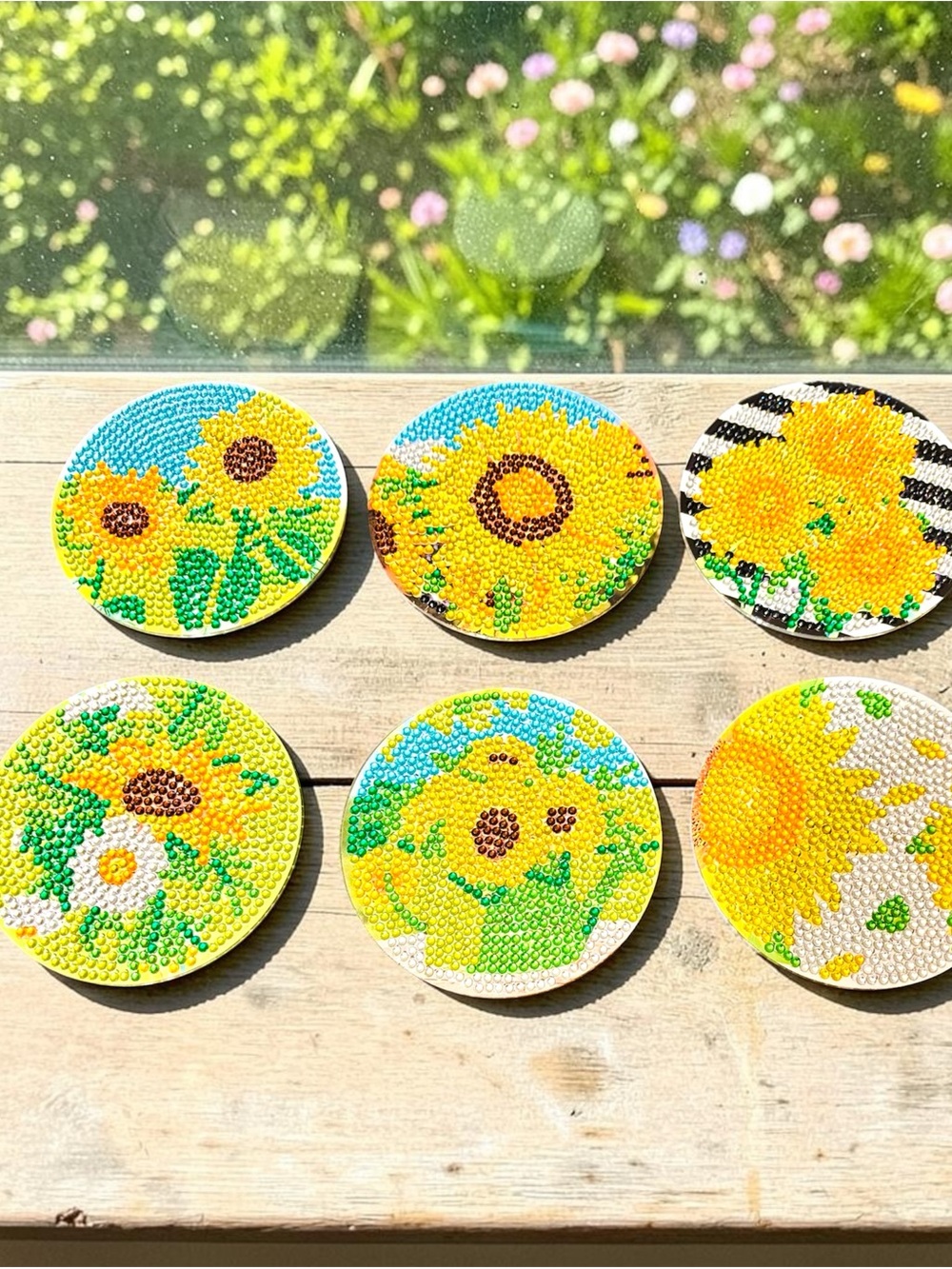 Set of 6 Sunflower Coasters with Holder Hand Crafted & Sealed 4” - Picture 2 of 2